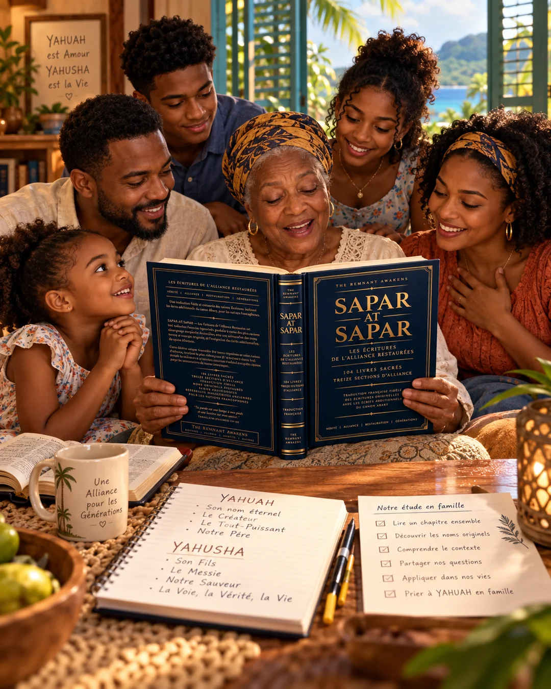 Illustration conceptuelle d’une famille étudiant le livre
