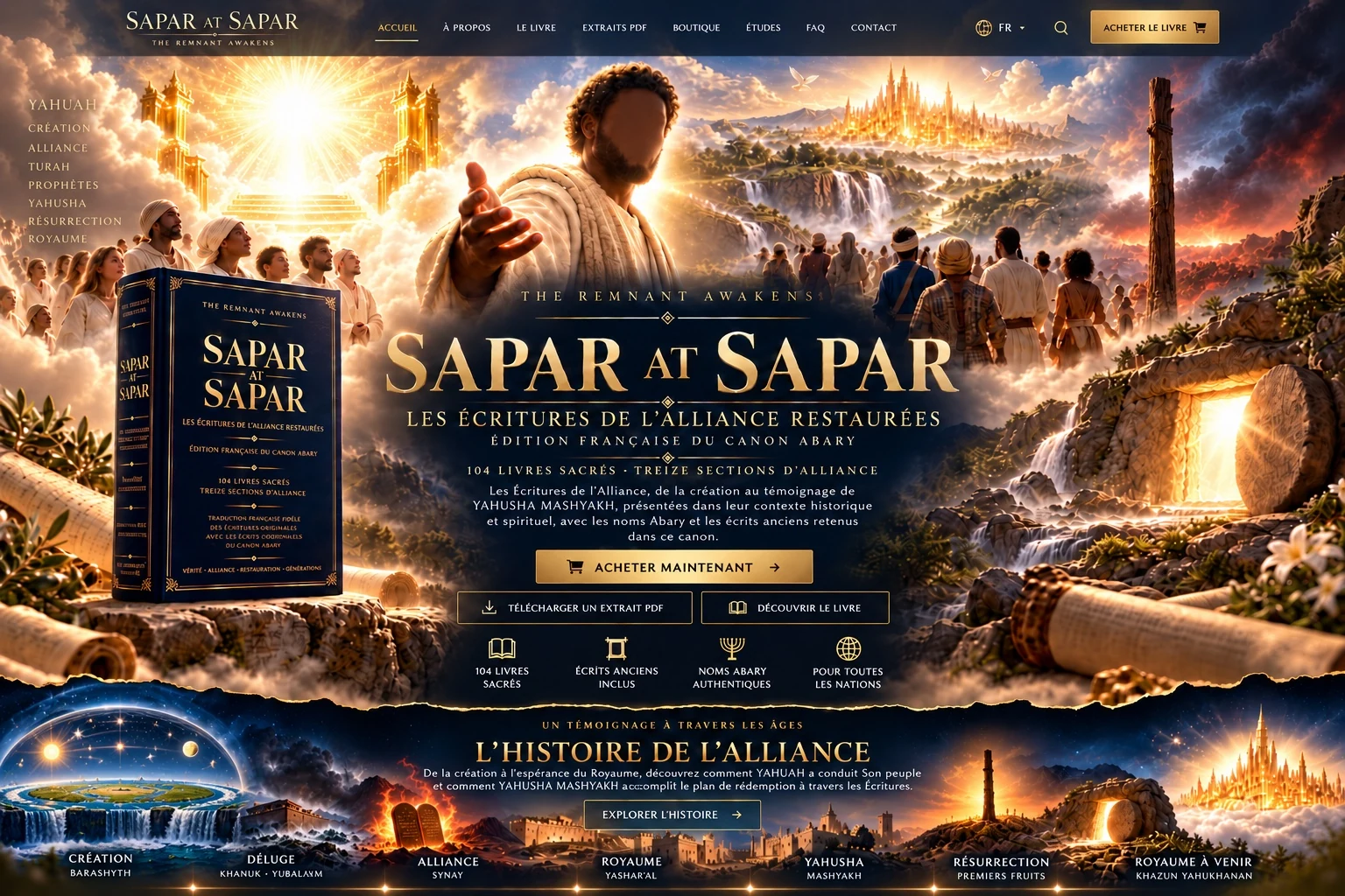 Bannière artistique SAPAR AT SAPAR montrant la création, l’Alliance, YAHUSHA, la résurrection et le Royaume à venir
