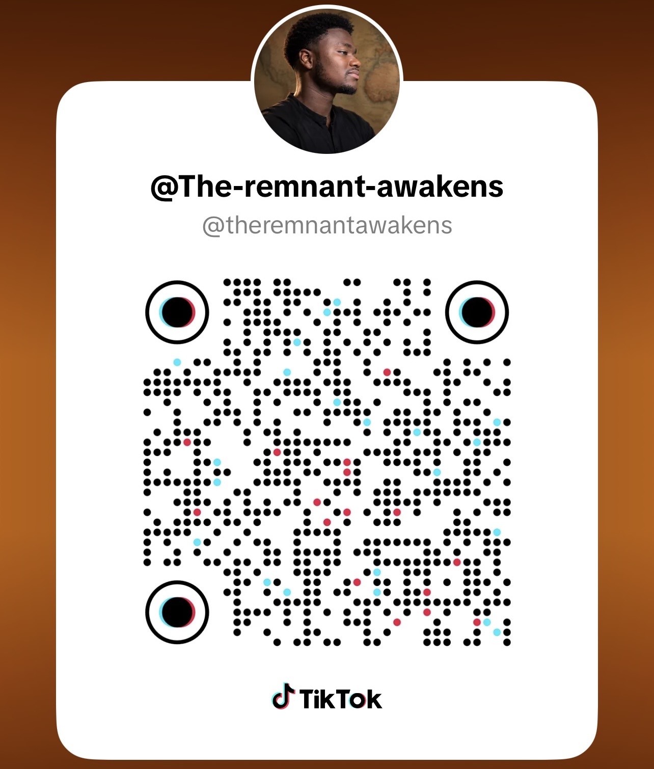 Code QR TikTok officiel du ministère anglophone @theremnantawakens avec portrait du fondateur